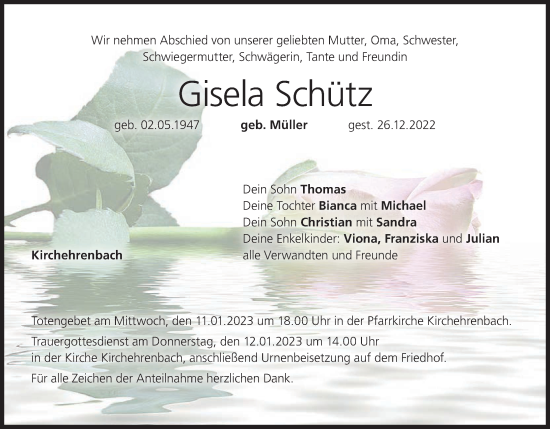 Anzeige von Gisela Schütz von MGO