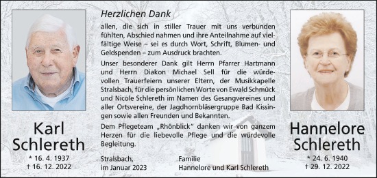 Anzeige von Hannelore Schlereth von MGO