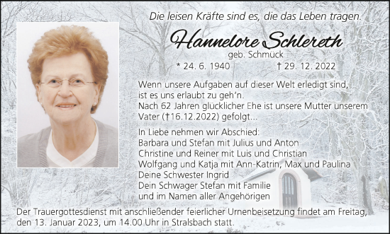 Anzeige von Hannelore Schlereth von MGO