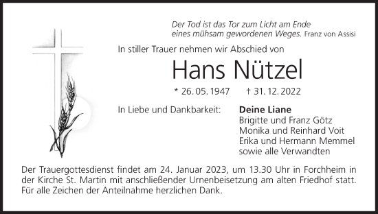 Anzeige von Hans Nützel von MGO