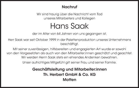 Anzeige von Hans Saak von MGO