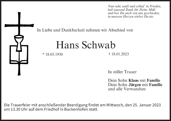 Anzeige von Hans Schwab von MGO