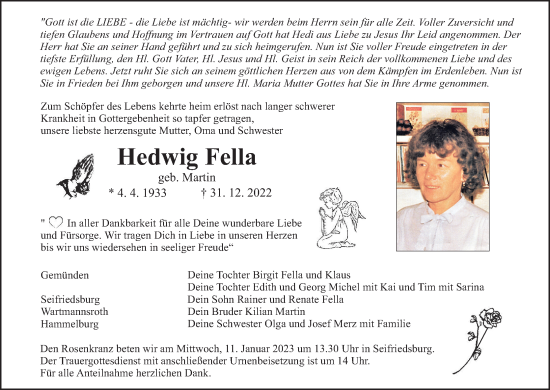 Anzeige von Hedwig Fella von MGO