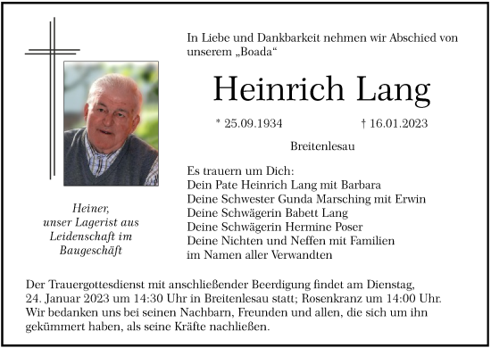 Anzeige von Heinrich Lang von MGO