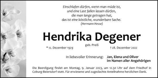 Anzeige von Hendrika Degener von MGO