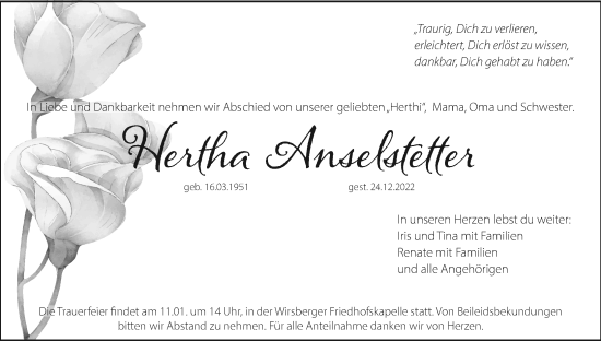 Anzeige von Hertha Anselstetter von MGO