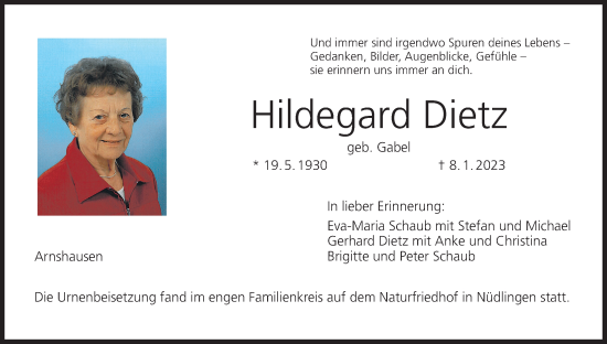 Anzeige von Hildegard Dietz von MGO