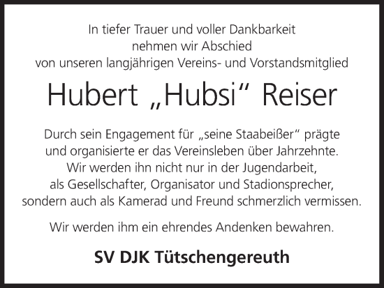 Anzeige von Hubert Reiser von MGO