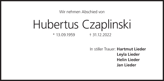 Anzeige von Hubertus Czaplinski von MGO