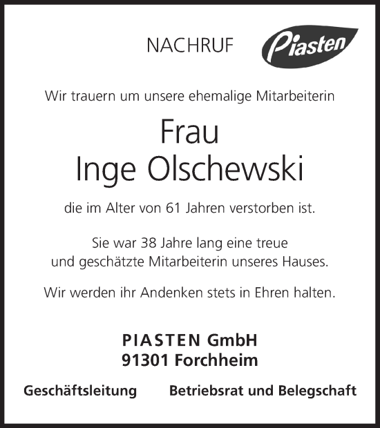 Anzeige von Inge Olschewski von MGO