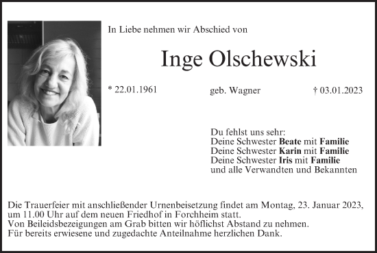 Anzeige von Inge Olschewski von MGO