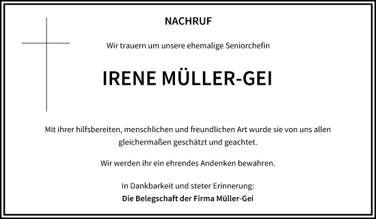 Anzeige von Irene Müller-Gei von MGO