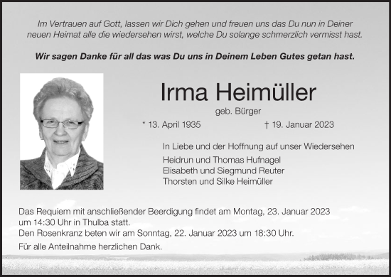 Anzeige von Irma Heimüller von MGO