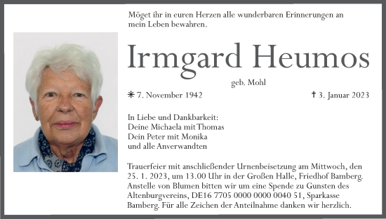 Anzeige von Irmgard Heumos von MGO