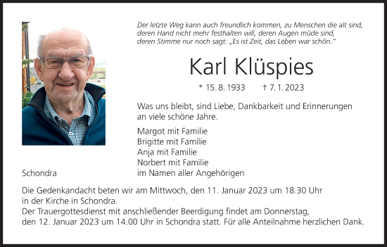 Anzeige von Karl Klüspies von MGO