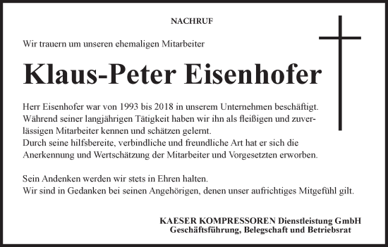 Anzeige von Klaus-Peter Eisenhofer von MGO