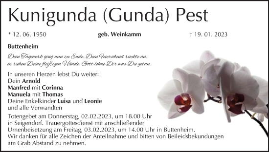 Anzeige von Kunigunda Pest von MGO
