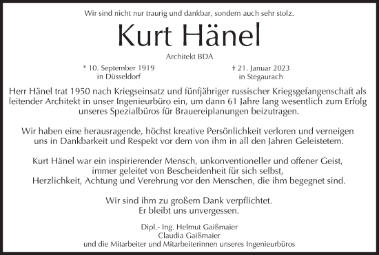 Anzeige von Kurt Hänel von MGO