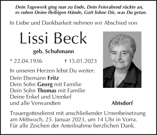 Anzeige von Lissi Beck von MGO