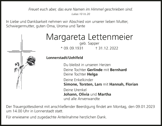 Anzeige von Margareta Lettenmeier von MGO