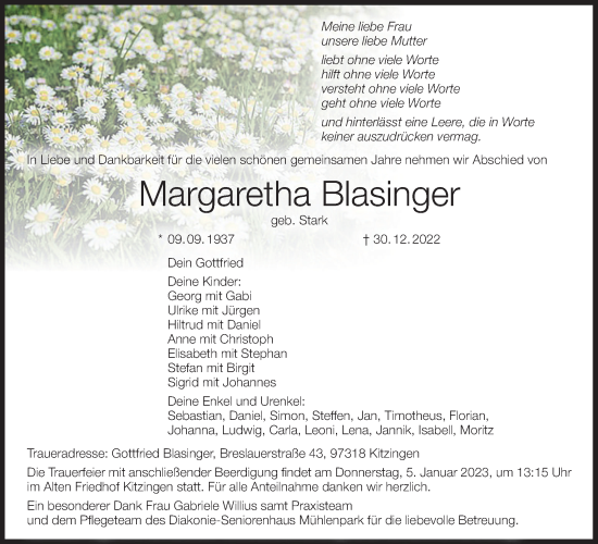 Anzeige von Margaretha Blasinger von MGO