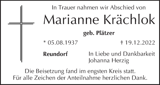 Anzeige von Marianne Krächlok von MGO