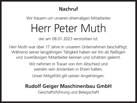 Anzeige von Peter Muth von MGO