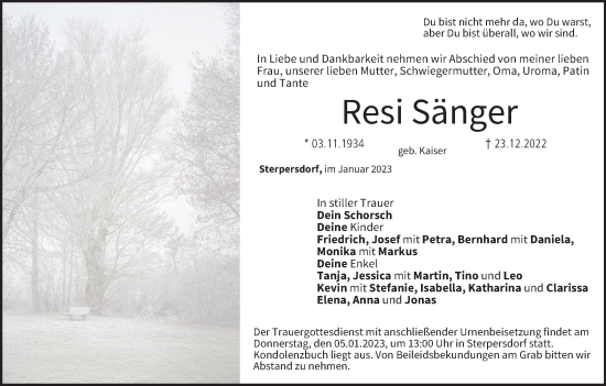 Anzeige von Resi Sänger von MGO