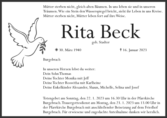 Anzeige von Rita Beck von MGO
