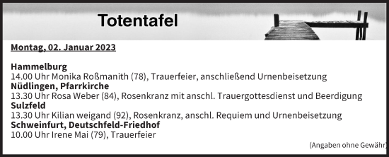 Anzeige von Totentafel vom 02.01.2023 von MGO