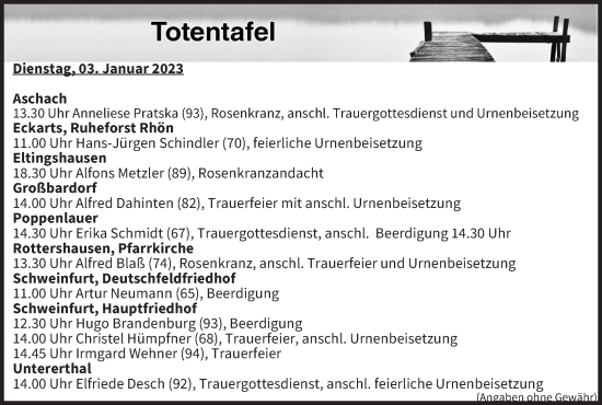 Anzeige von Totentafel vom 03.01.2023 von MGO