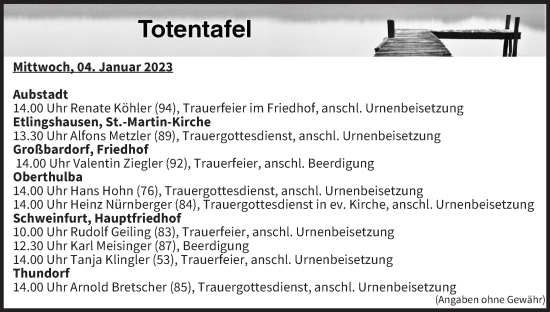 Anzeige von Totentafel vom 04.01.2023 von MGO