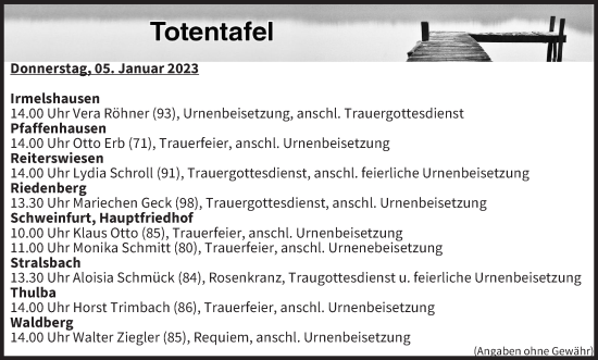 Anzeige von Totentafel vom 05.01.2023 von MGO