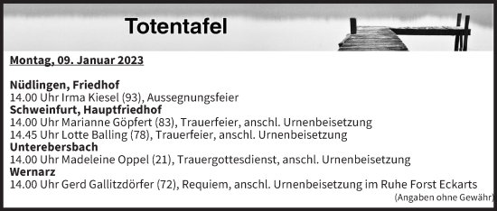 Anzeige von Totentafel vom 09.01.2023 von MGO