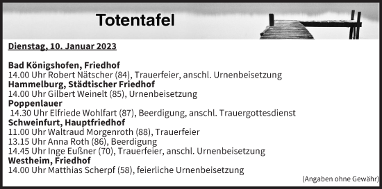 Anzeige von Totentafel vom 10.01.2023 von MGO