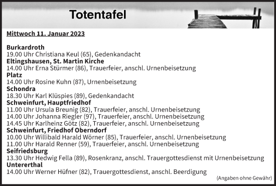Anzeige von Totentafel vom 11.01.2023 von MGO