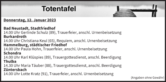 Anzeige von Totentafel vom 12.01.2023 von MGO