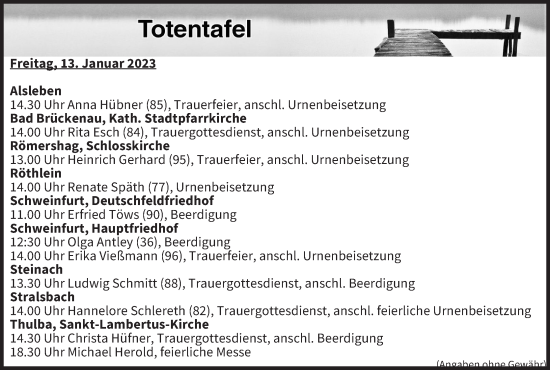 Anzeige von Totentafel vom 13.01.2023 von MGO