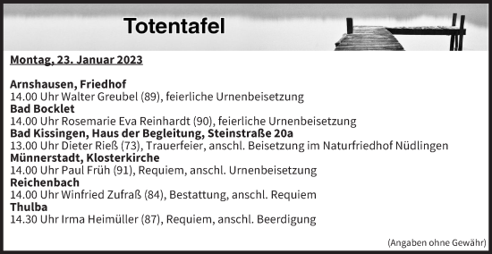 Anzeige von Totentafel vom 23.01.2023 von MGO