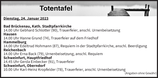 Anzeige von Totentafel vom 24.01.2023 von MGO