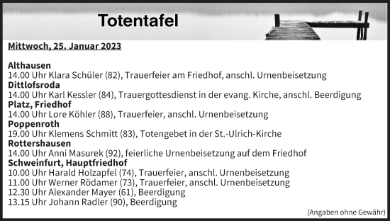 Anzeige von Totentafel vom 25.01.2023 von MGO
