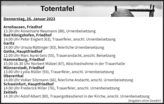 Anzeige von Totentafel vom 26.01.2023 von MGO