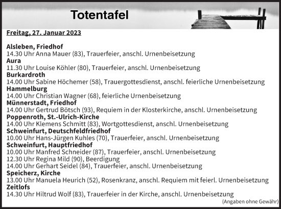 Anzeige von Totentafel vom 27.01.2023 von MGO