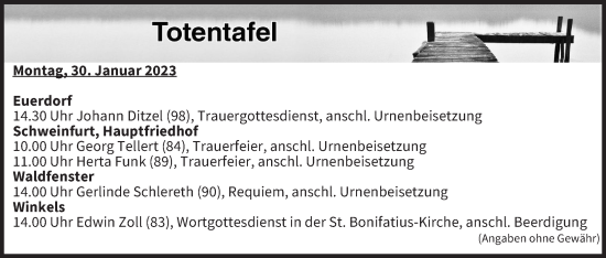 Anzeige von Totentafel vom 30.01.2023 von MGO