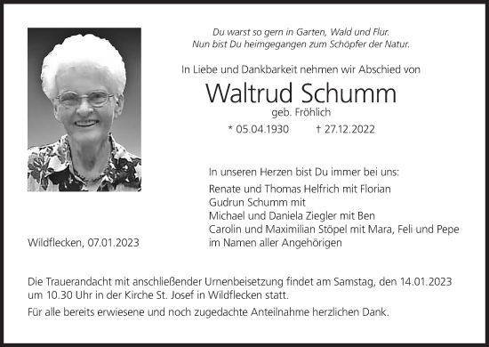 Anzeige von Waltrud Schumm von MGO