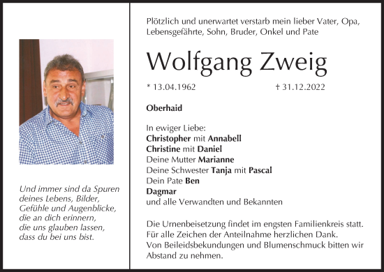 Anzeige von Wolfgang Zweig von MGO
