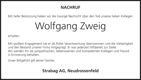 Anzeige von Wolfgang Zweig von MGO