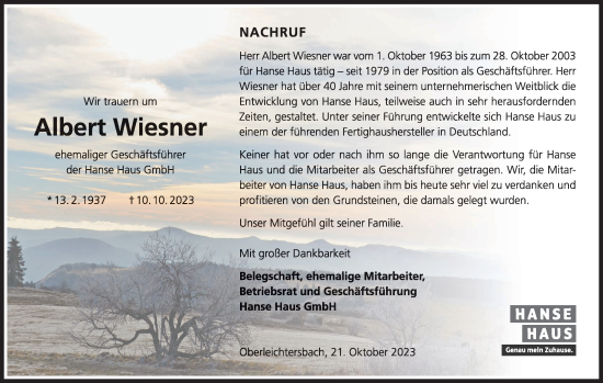 Anzeige von Albert Wiesner von MGO