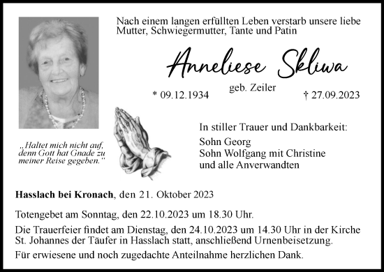 Anzeige von Anneliese Skliwa von MGO