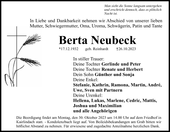 Anzeige von Berta Neubeck von MGO